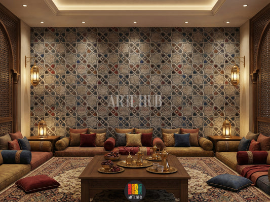A stylish majles room showcasing a detailed geometric mosaic wallpaper with intricate star and diamond patterns in grey, red, blue, and gold tones. This stunning wall art, perfect for modern Egyptian interiors, enhances the ambiance of any contemporary home decor project in Egypt.
صورة لغرفة مجلس عصرية تضم ورق حائط مميز بتصميم فسيفساء هندسي ونقوش نجمية وماسية باللون الرمادي، الأزرق، الأحمر، وتفاصيل ذهبية. هذا الديكور الجداري الأنيق مثالي للمنازل العصرية في مصر، ويضيف لمسة فنية راقية.
room: majles room