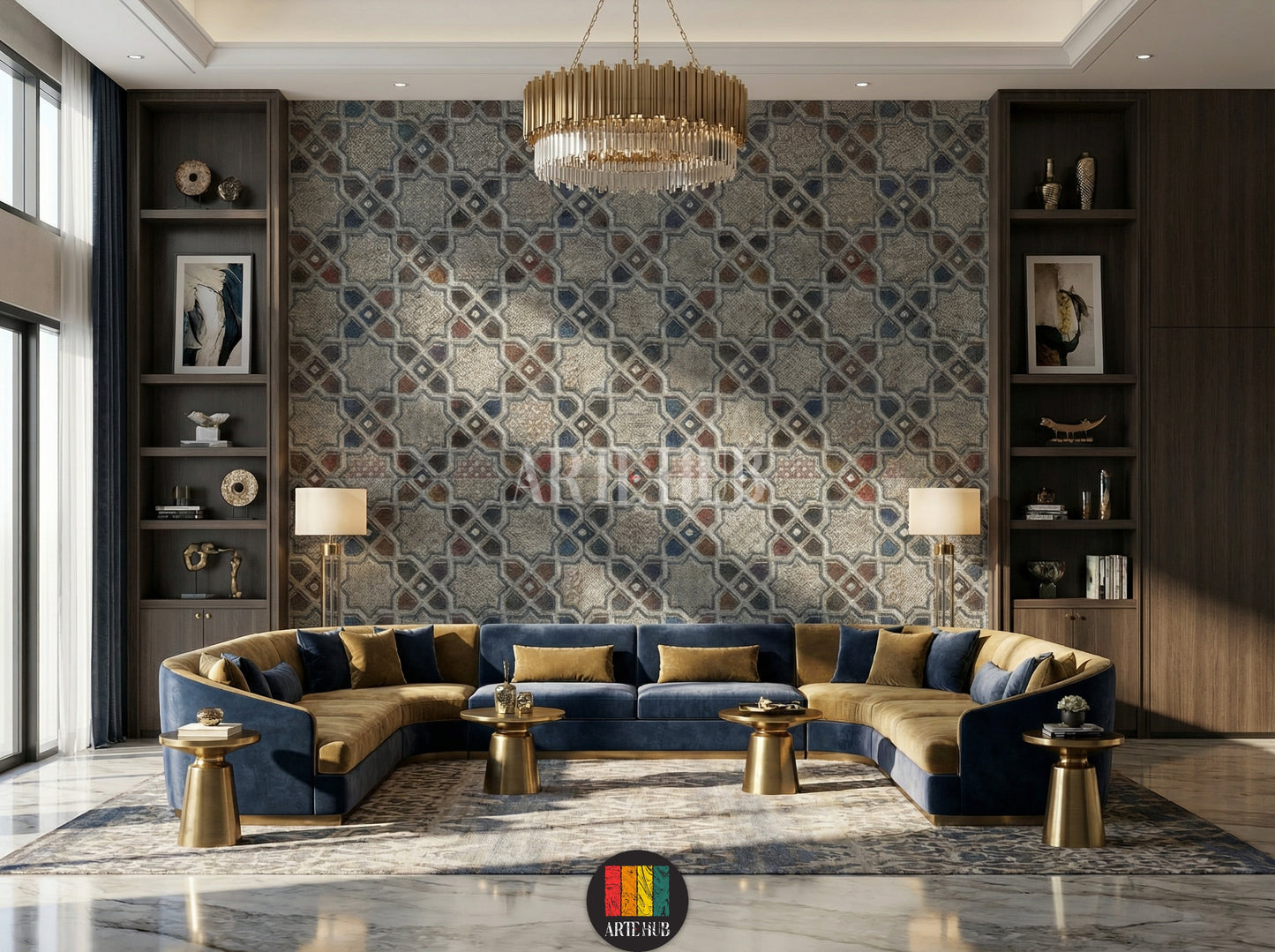 A stylish lobby showcasing a detailed geometric mosaic wallpaper with intricate star and diamond patterns in grey, red, blue, and gold tones. This stunning wall art, perfect for modern Egyptian interiors, enhances the ambiance of any contemporary home decor project in Egypt.
صورة لريسيبشن فندق عصري تضم ورق حائط مميز بتصميم فسيفساء هندسي ونقوش نجمية وماسية باللون الرمادي، الأزرق، الأحمر، وتفاصيل ذهبية. هذا الديكور الجداري الأنيق مثالي للمنازل العصرية في مصر، ويضيف لمسة فنية راقية.
room: lobby