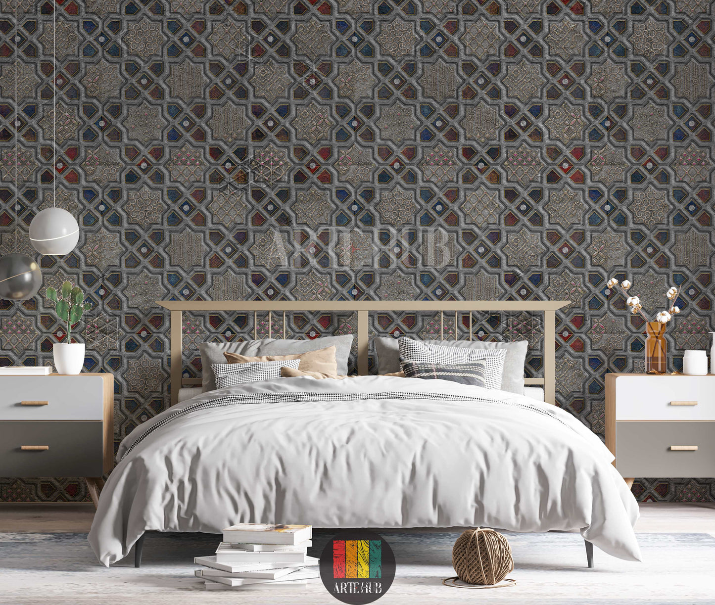 A stylish bedroom showcasing a detailed geometric mosaic wallpaper with intricate star and diamond patterns in grey, red, blue, and gold tones. This stunning wall art, perfect for modern Egyptian interiors, enhances the ambiance of any contemporary home decor project in Egypt.
صورة لغرفة نوم عصرية تضم ورق حائط مميز بتصميم فسيفساء هندسي ونقوش نجمية وماسية باللون الرمادي، الأزرق، الأحمر، وتفاصيل ذهبية. هذا الديكور الجداري الأنيق مثالي للمنازل العصرية في مصر، ويضيف لمسة فنية راقية.
room: bedroom