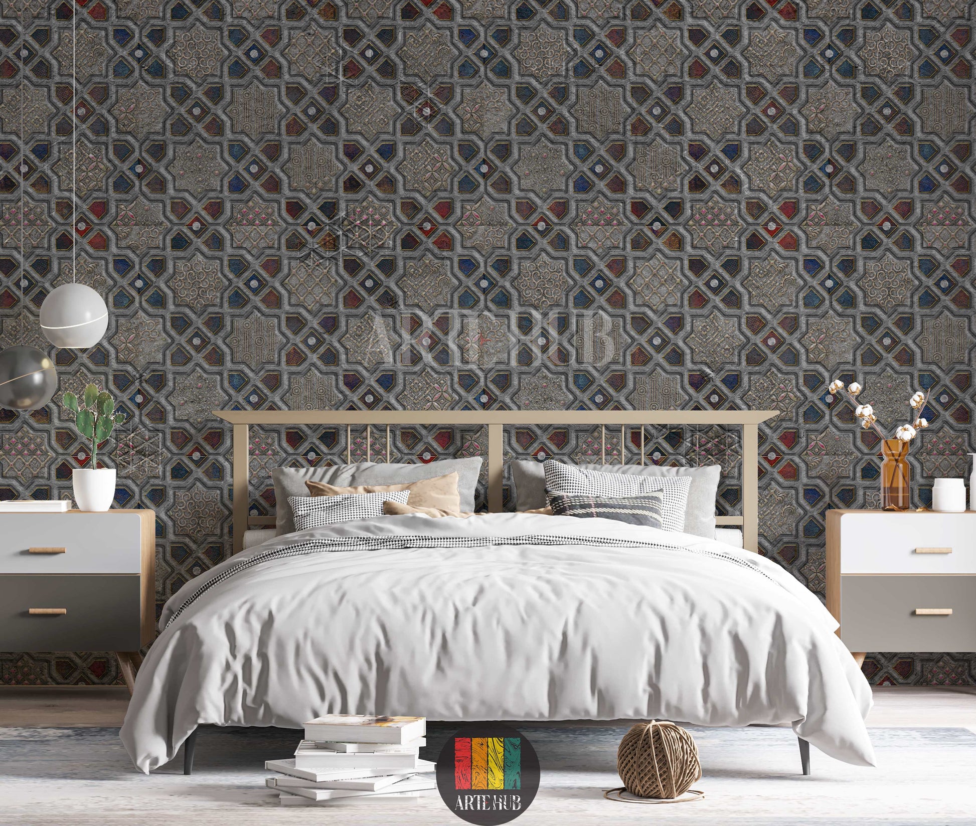 A stylish bedroom showcasing a detailed geometric mosaic wallpaper with intricate star and diamond patterns in grey, red, blue, and gold tones. This stunning wall art, perfect for modern Egyptian interiors, enhances the ambiance of any contemporary home decor project in Egypt.
صورة لغرفة نوم عصرية تضم ورق حائط مميز بتصميم فسيفساء هندسي ونقوش نجمية وماسية باللون الرمادي، الأزرق، الأحمر، وتفاصيل ذهبية. هذا الديكور الجداري الأنيق مثالي للمنازل العصرية في مصر، ويضيف لمسة فنية راقية.
room: bedroom