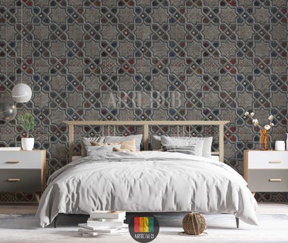 A stylish bedroom showcasing a detailed geometric mosaic wallpaper with intricate star and diamond patterns in grey, red, blue, and gold tones. This stunning wall art, perfect for modern Egyptian interiors, enhances the ambiance of any contemporary home decor project in Egypt.
صورة لغرفة نوم عصرية تضم ورق حائط مميز بتصميم فسيفساء هندسي ونقوش نجمية وماسية باللون الرمادي، الأزرق، الأحمر، وتفاصيل ذهبية. هذا الديكور الجداري الأنيق مثالي للمنازل العصرية في مصر، ويضيف لمسة فنية راقية.
room: bedroom