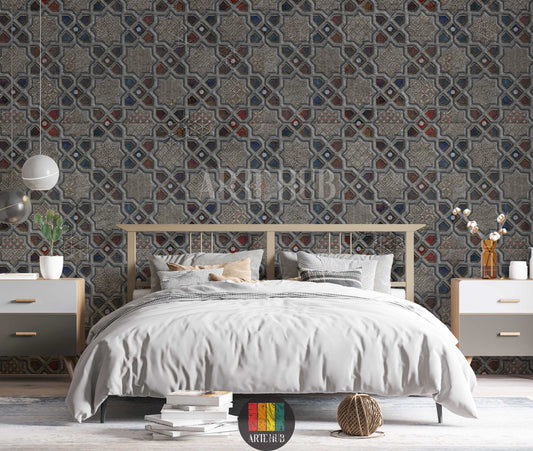 A stylish bedroom showcasing a detailed geometric mosaic wallpaper with intricate star and diamond patterns in grey, red, blue, and gold tones. This stunning wall art, perfect for modern Egyptian interiors, enhances the ambiance of any contemporary home decor project in Egypt.
صورة لغرفة نوم عصرية تضم ورق حائط مميز بتصميم فسيفساء هندسي ونقوش نجمية وماسية باللون الرمادي، الأزرق، الأحمر، وتفاصيل ذهبية. هذا الديكور الجداري الأنيق مثالي للمنازل العصرية في مصر، ويضيف لمسة فنية راقية.
room: bedroom