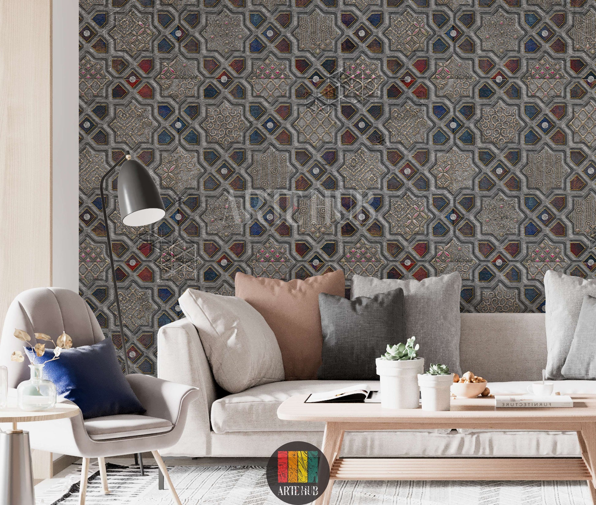A stylish living room showcasing a detailed geometric mosaic wallpaper with intricate star and diamond patterns in grey, red, blue, and gold tones. This stunning wall art, perfect for modern Egyptian interiors, enhances the ambiance of any contemporary home decor project in Egypt.
صورة لغرفة معيشة عصرية تضم ورق حائط مميز بتصميم فسيفساء هندسي ونقوش نجمية وماسية باللون الرمادي، الأزرق، الأحمر، وتفاصيل ذهبية. هذا الديكور الجداري الأنيق مثالي للمنازل العصرية في مصر، ويضيف لمسة فنية راقية.
room: living room