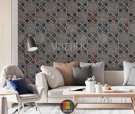A stylish living room showcasing a detailed geometric mosaic wallpaper with intricate star and diamond patterns in grey, red, blue, and gold tones. This stunning wall art, perfect for modern Egyptian interiors, enhances the ambiance of any contemporary home decor project in Egypt.
صورة لغرفة معيشة عصرية تضم ورق حائط مميز بتصميم فسيفساء هندسي ونقوش نجمية وماسية باللون الرمادي، الأزرق، الأحمر، وتفاصيل ذهبية. هذا الديكور الجداري الأنيق مثالي للمنازل العصرية في مصر، ويضيف لمسة فنية راقية.
room: living room