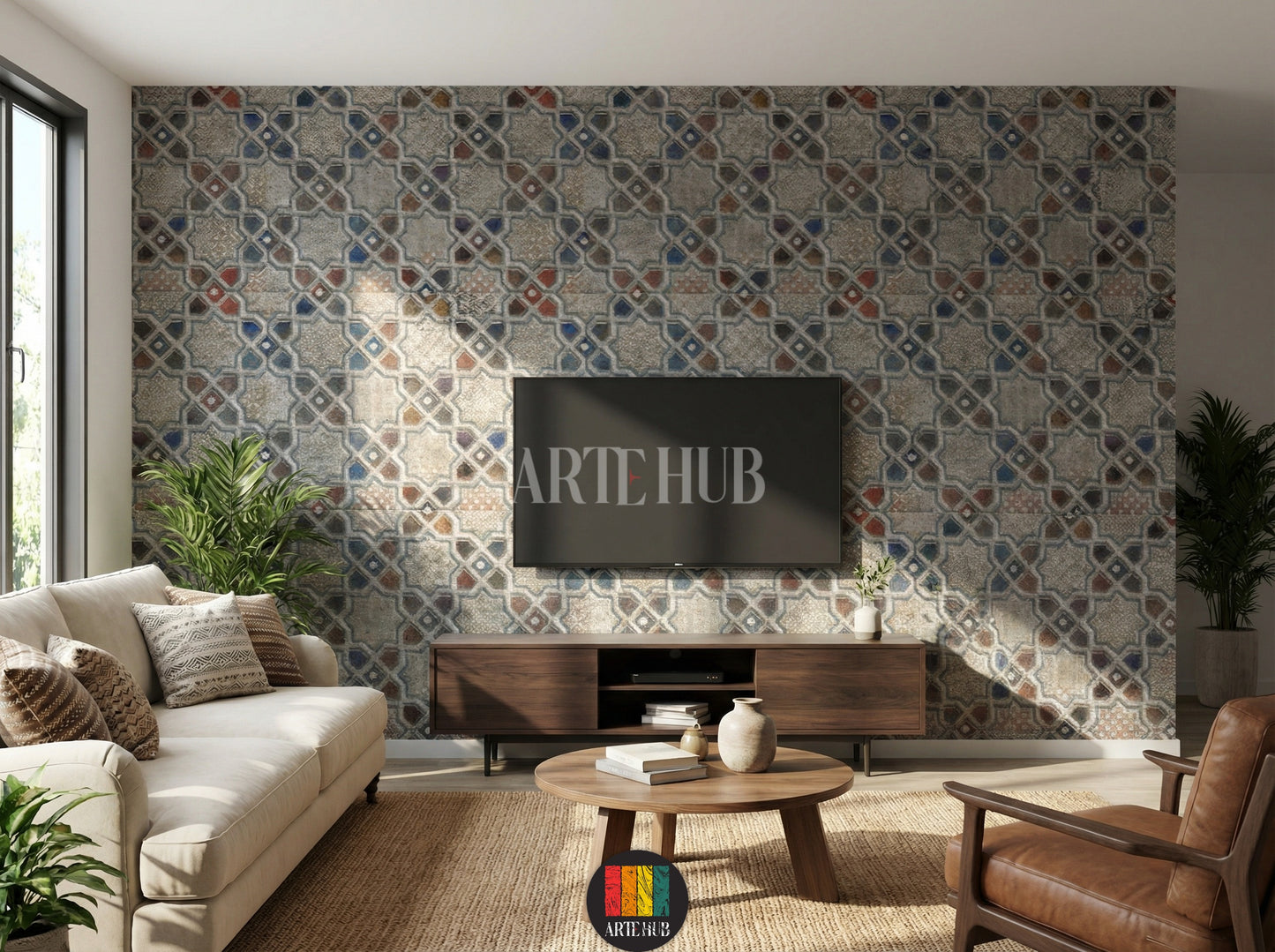 A stylish tv room showcasing a detailed geometric mosaic wallpaper with intricate star and diamond patterns in grey, red, blue, and gold tones. This stunning wall art, perfect for modern Egyptian interiors, enhances the ambiance of any contemporary home decor project in Egypt.
صورة لغرفة معيشة عصرية تضم ورق حائط مميز بتصميم فسيفساء هندسي ونقوش نجمية وماسية باللون الرمادي، الأزرق، الأحمر، وتفاصيل ذهبية. هذا الديكور الجداري الأنيق مثالي للمنازل العصرية في مصر، ويضيف لمسة فنية راقية.
room: tv room