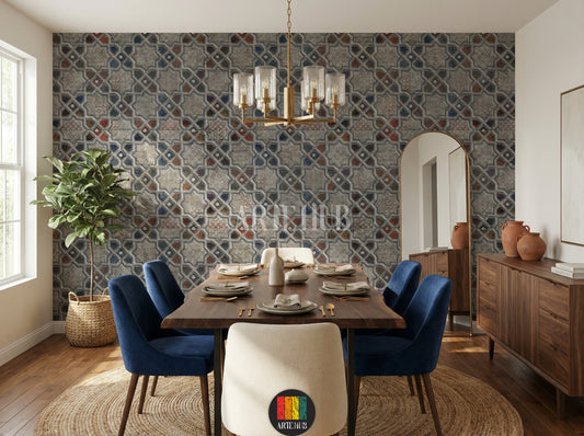 A stylish dining room showcasing a detailed geometric mosaic wallpaper with intricate star and diamond patterns in grey, red, blue, and gold tones. This stunning wall art, perfect for modern Egyptian interiors, enhances the ambiance of any contemporary home decor project in Egypt.
صورة لغرفة طعام عصرية تضم ورق حائط مميز بتصميم فسيفساء هندسي ونقوش نجمية وماسية باللون الرمادي، الأزرق، الأحمر، وتفاصيل ذهبية. هذا الديكور الجداري الأنيق مثالي للمنازل العصرية في مصر، ويضيف لمسة فنية راقية.
room: dning room