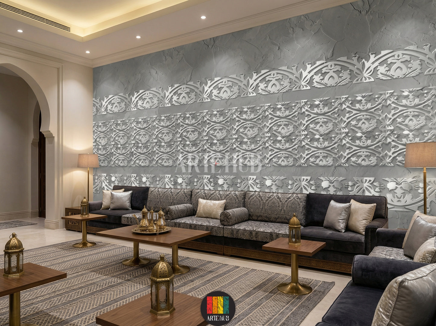 A sophisticated majles room featuring a grey wall adorned with elegant white Filigree pattern wallpaper. The room includes a round marble table, grey velvet chairs, and a wooden sideboard with a mirror and lamps, perfect for modern Egyptian homes.
غرفة مجلس راقية تتميز بورق حائط بنقوش فيليغري بيضاء أنيقة على جدار رمادي. تحتوي الغرفة على طاولة رخامية دائرية وكراسي مخملية رمادية وسايدبورد خشبي مع مرآة ومصابيح، مثالية للمنازل العصرية في مصر.
room: majles room