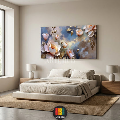 A large horizontal floral canvas painting from Artehub featuring soft pink and white blooms with golden leaves, designed for modern wall art in Egypt.

تابلوه كانفاس لزهور رقيقة بلمسات ذهبية من Artehub، مثالي لديكورات الحوائط العصرية والراقية في مصر.