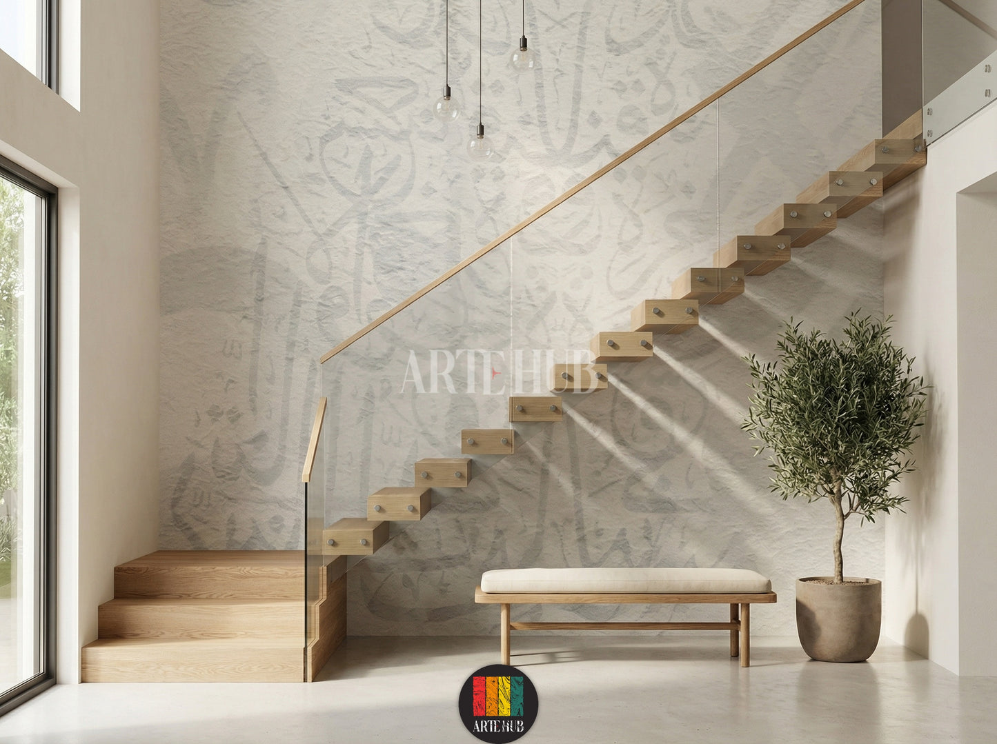 Full view of a modern stairs featuring light, textured wallpaper with subtle Khatt Arabic calligraphy patterns. The room includes a wooden dining table, cream boucle chairs, a light rug, a unique pendant lamp, and a minimalist side cabinet with vases, enhancing contemporary home decor in Egypt.
صورة كاملة لغرفة عصرية تتميز بورق حائط ذو ملمس خفيف ونقوش خط عربي رقيقة. تحتوي الغرفة على طاولة طعام خشبية، كراسي قماش باللون الكريمي، سجادة فاتحة 
room: stairs