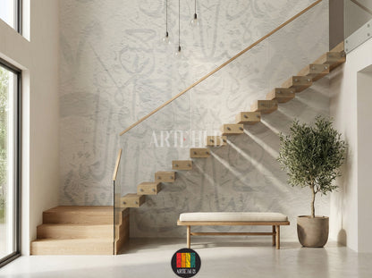 Full view of a modern stairs featuring light, textured wallpaper with subtle Khatt Arabic calligraphy patterns. The room includes a wooden dining table, cream boucle chairs, a light rug, a unique pendant lamp, and a minimalist side cabinet with vases, enhancing contemporary home decor in Egypt.
صورة كاملة لغرفة عصرية تتميز بورق حائط ذو ملمس خفيف ونقوش خط عربي رقيقة. تحتوي الغرفة على طاولة طعام خشبية، كراسي قماش باللون الكريمي، سجادة فاتحة 
room: stairs