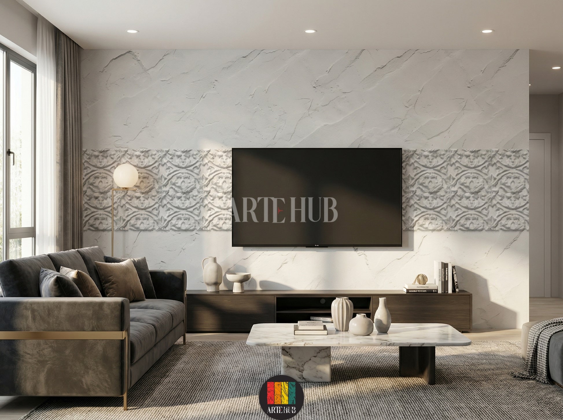 A luxurious tv room featuring a long horizontal white and grey patterned canvas wall art above a textured white wall. The room includes a wooden dining table, modern chairs, a chandelier, and a large window, showcasing elegant home decor in Egypt.
غرفة معيشة فاخرة مع تابلوه كانفاس طويل بنقوش رمادية وبيضاء أنيقة على حائط أبيض ذي ملمس بارز. يشمل الديكور طاولة خشبية وكراسي عصرية وإضاءة مميزة، يعكس جمال الديكور المنزلي الفخم في مصر.
room: tv