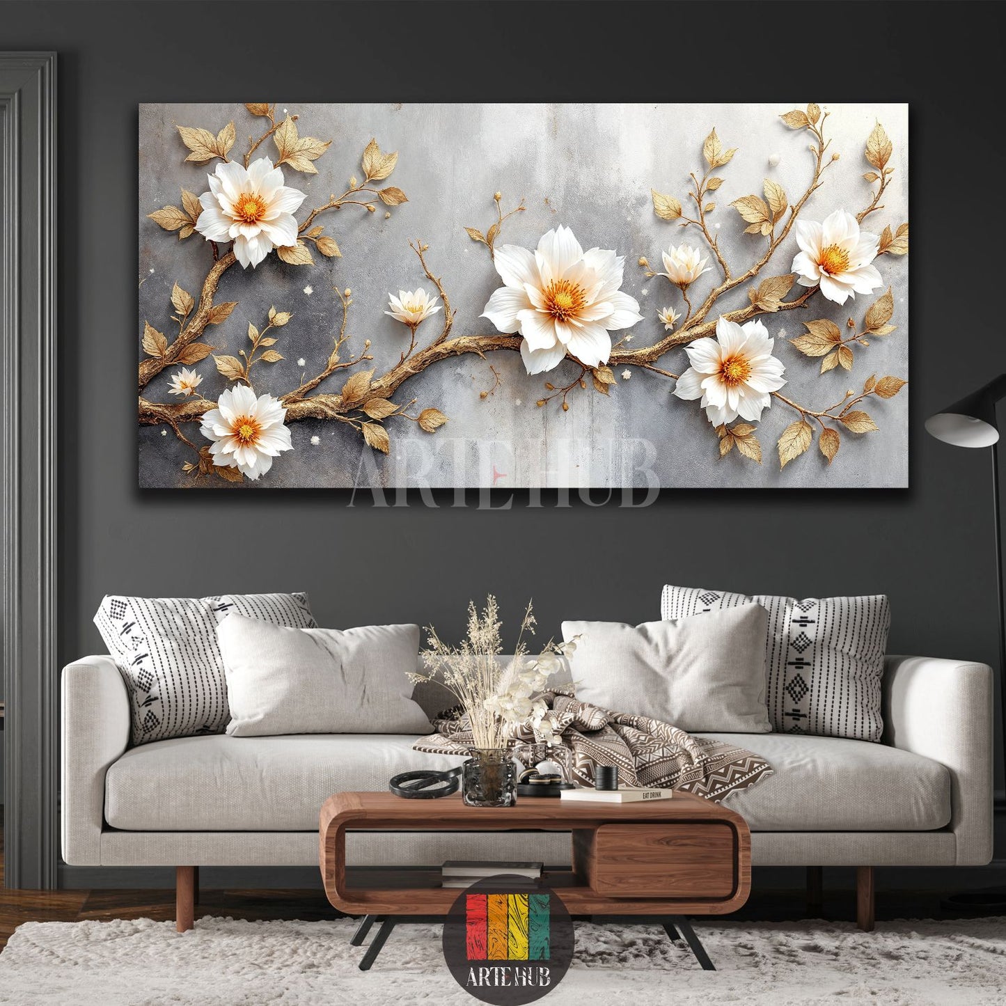 Large horizontal canvas wall art featuring elegant white 3D flowers with golden leaves on a textured grey background, enhancing a modern dining room in Egypt. Perfect for contemporary Egyptian home decor.
تابلوه كانفس أفقي كبير بتصميم زهور بيضاء ثلاثية الأبعاد وأوراق ذهبية على خلفية رمادية، يزين غرفة طعام عصرية في مصر. مثالي لديكورات الحائط الفاخرة في البيوت المصرية.