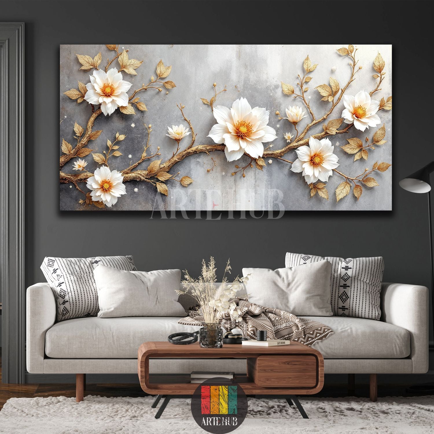 Large horizontal canvas wall art featuring elegant white 3D flowers with golden leaves on a textured grey background, enhancing a modern dining room in Egypt. Perfect for contemporary Egyptian home decor.
تابلوه كانفس أفقي كبير بتصميم زهور بيضاء ثلاثية الأبعاد وأوراق ذهبية على خلفية رمادية، يزين غرفة طعام عصرية في مصر. مثالي لديكورات الحائط الفاخرة في البيوت المصرية.