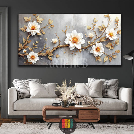 Large horizontal canvas wall art featuring elegant white 3D flowers with golden leaves on a textured grey background, enhancing a modern dining room in Egypt. Perfect for contemporary Egyptian home decor.
تابلوه كانفس أفقي كبير بتصميم زهور بيضاء ثلاثية الأبعاد وأوراق ذهبية على خلفية رمادية، يزين غرفة طعام عصرية في مصر. مثالي لديكورات الحائط الفاخرة في البيوت المصرية.