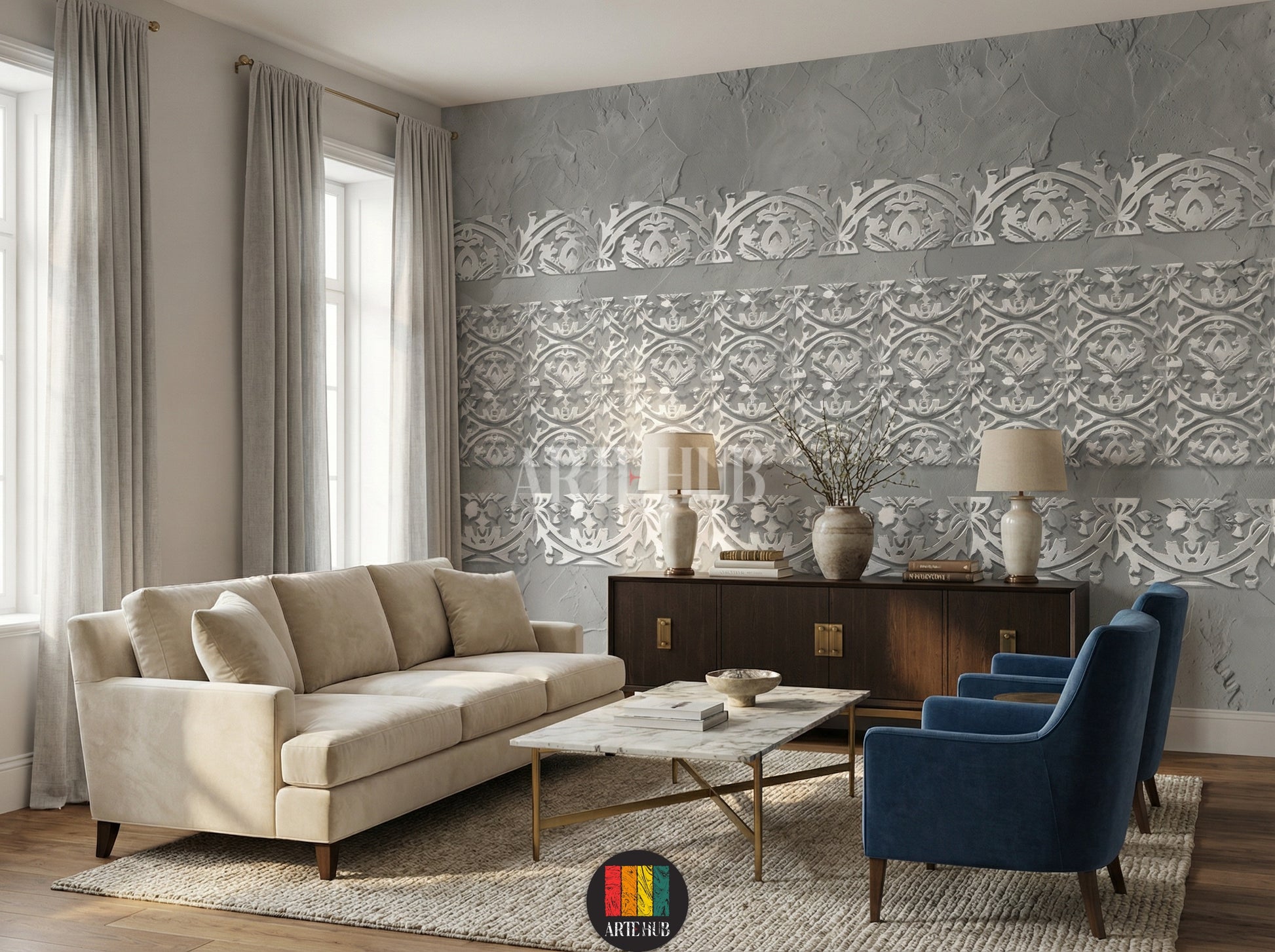 A sophisticated living room featuring a grey wall adorned with elegant white Filigree pattern wallpaper. The room includes a round marble table, grey velvet chairs, and a wooden sideboard with a mirror and lamps, perfect for modern Egyptian homes.
غرفة معيشة راقية تتميز بورق حائط بنقوش فيليغري بيضاء أنيقة على جدار رمادي. تحتوي الغرفة على طاولة رخامية دائرية وكراسي مخملية رمادية وسايدبورد خشبي مع مرآة ومصابيح، مثالية للمنازل العصرية في مصر.
room: living room
