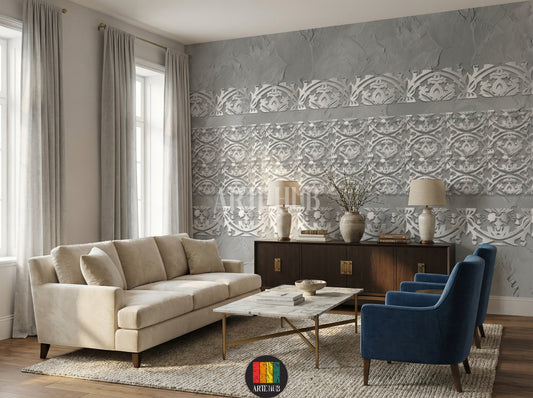A sophisticated living room featuring a grey wall adorned with elegant white Filigree pattern wallpaper. The room includes a round marble table, grey velvet chairs, and a wooden sideboard with a mirror and lamps, perfect for modern Egyptian homes.
غرفة معيشة راقية تتميز بورق حائط بنقوش فيليغري بيضاء أنيقة على جدار رمادي. تحتوي الغرفة على طاولة رخامية دائرية وكراسي مخملية رمادية وسايدبورد خشبي مع مرآة ومصابيح، مثالية للمنازل العصرية في مصر.
room: living room