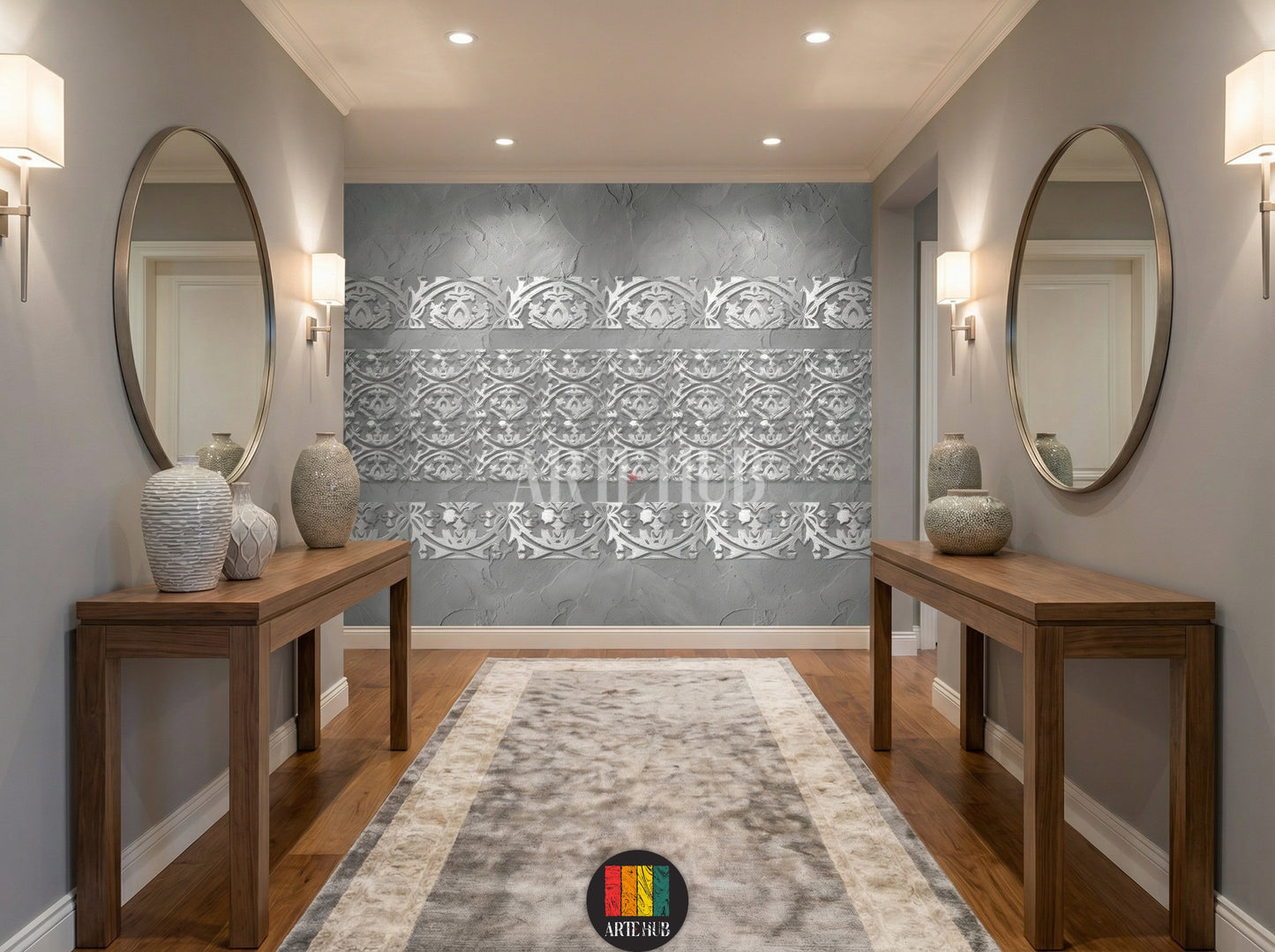 A sophisticated hallway featuring a grey wall adorned with elegant white Filigree pattern wallpaper. The room includes a round marble table, grey velvet chairs, and a wooden sideboard with a mirror and lamps, perfect for modern Egyptian homes.
ممر راقي يتميز بورق حائط بنقوش فيليغري بيضاء أنيقة على جدار رمادي. تحتوي الغرفة على طاولة رخامية دائرية وكراسي مخملية رمادية وسايدبورد خشبي مع مرآة ومصابيح، مثالية للمنازل العصرية في مصر.
room: hallway