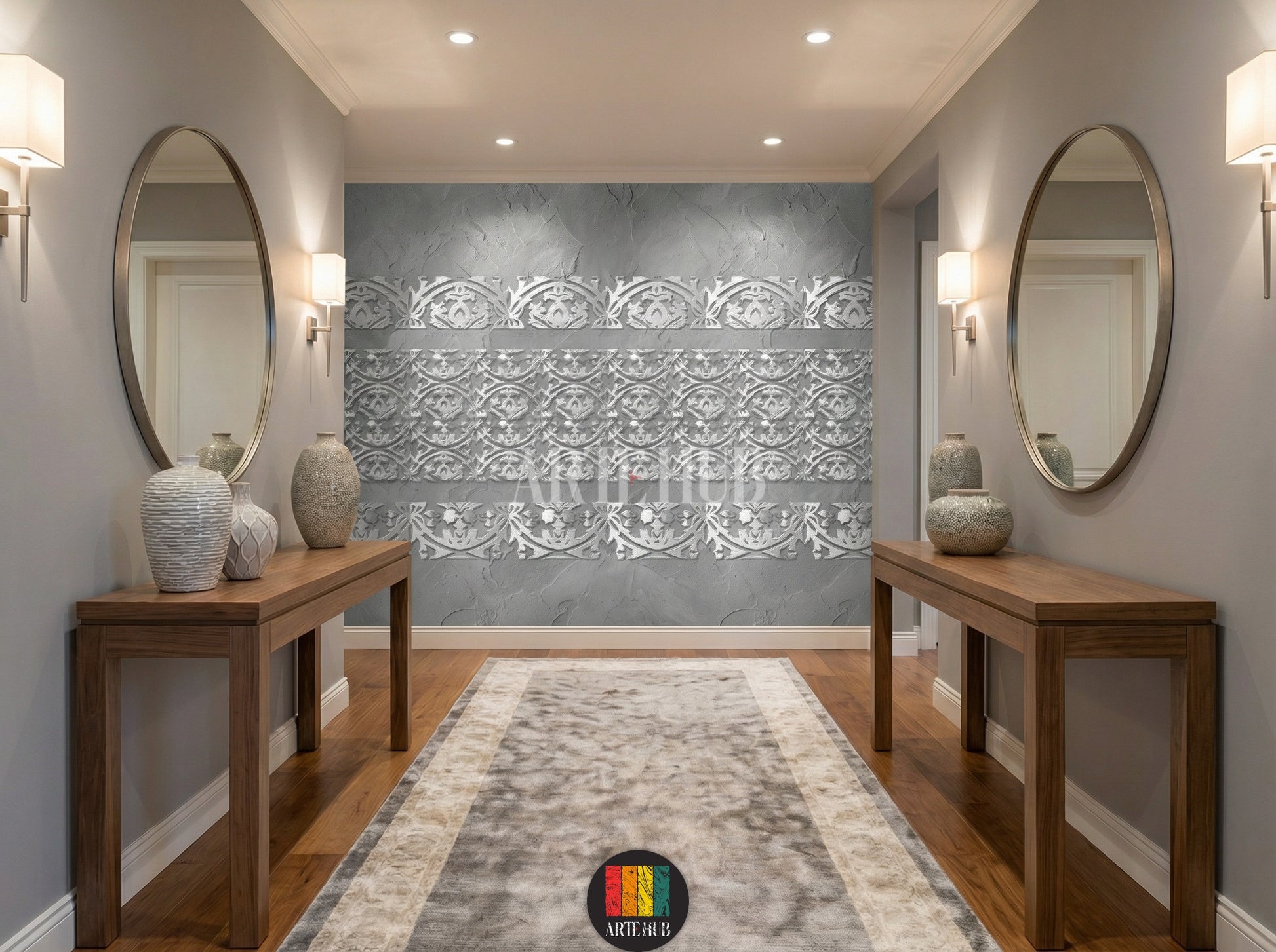 A sophisticated hallway featuring a grey wall adorned with elegant white Filigree pattern wallpaper. The room includes a round marble table, grey velvet chairs, and a wooden sideboard with a mirror and lamps, perfect for modern Egyptian homes.
ممر راقي يتميز بورق حائط بنقوش فيليغري بيضاء أنيقة على جدار رمادي. تحتوي الغرفة على طاولة رخامية دائرية وكراسي مخملية رمادية وسايدبورد خشبي مع مرآة ومصابيح، مثالية للمنازل العصرية في مصر.
room: hallway
