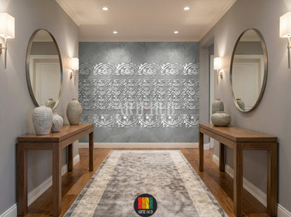 A sophisticated hallway featuring a grey wall adorned with elegant white Filigree pattern wallpaper. The room includes a round marble table, grey velvet chairs, and a wooden sideboard with a mirror and lamps, perfect for modern Egyptian homes.
ممر راقي يتميز بورق حائط بنقوش فيليغري بيضاء أنيقة على جدار رمادي. تحتوي الغرفة على طاولة رخامية دائرية وكراسي مخملية رمادية وسايدبورد خشبي مع مرآة ومصابيح، مثالية للمنازل العصرية في مصر.
room: hallway