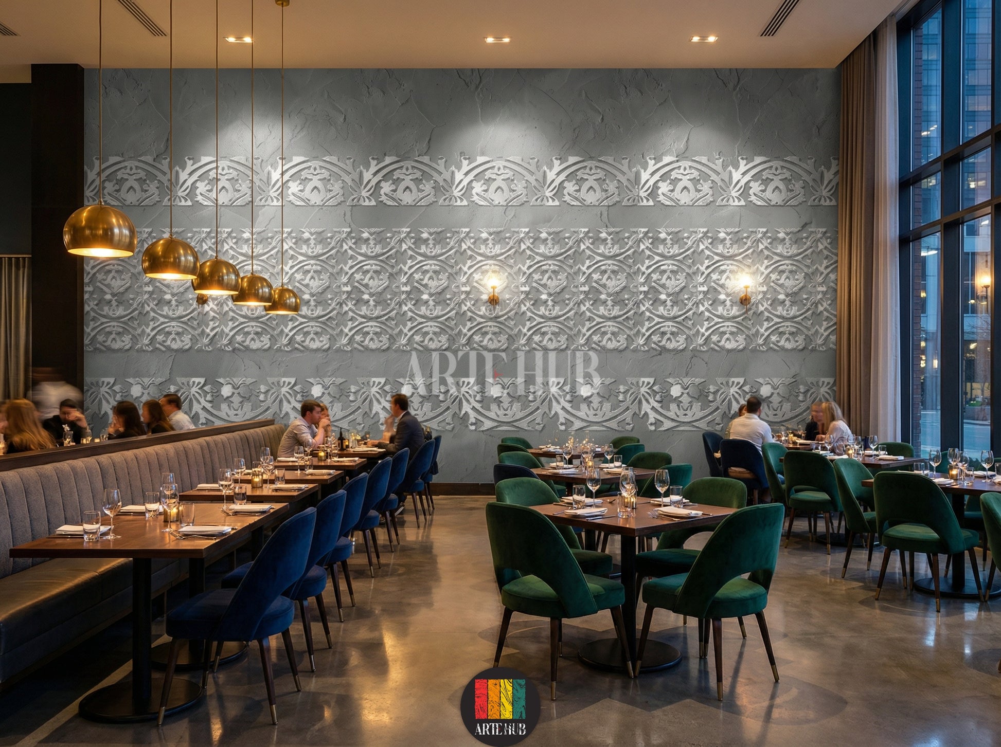 A sophisticated restaurant featuring a grey wall adorned with elegant white Filigree pattern wallpaper. The room includes a round marble table, grey velvet chairs, and a wooden sideboard with a mirror and lamps, perfect for modern Egyptian homes.
غرفة مطعم راقية تتميز بورق حائط بنقوش فيليغري بيضاء أنيقة على جدار رمادي. تحتوي الغرفة على طاولة رخامية دائرية وكراسي مخملية رمادية وسايدبورد خشبي مع مرآة ومصابيح، مثالية للمنازل العصرية في مصر.
room: restaurant