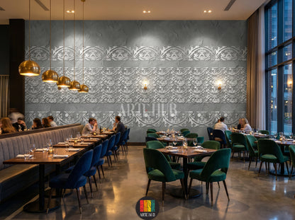 A sophisticated restaurant featuring a grey wall adorned with elegant white Filigree pattern wallpaper. The room includes a round marble table, grey velvet chairs, and a wooden sideboard with a mirror and lamps, perfect for modern Egyptian homes.
غرفة مطعم راقية تتميز بورق حائط بنقوش فيليغري بيضاء أنيقة على جدار رمادي. تحتوي الغرفة على طاولة رخامية دائرية وكراسي مخملية رمادية وسايدبورد خشبي مع مرآة ومصابيح، مثالية للمنازل العصرية في مصر.
room: restaurant