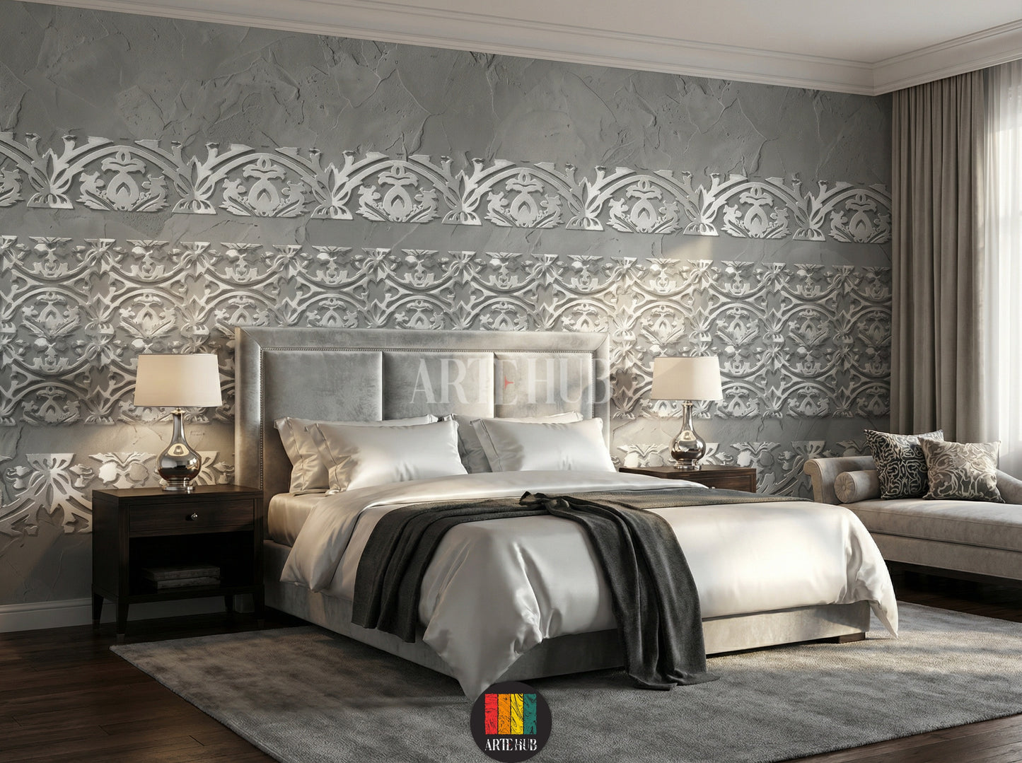 A sophisticated bedroom featuring a grey wall adorned with elegant white Filigree pattern wallpaper. The room includes a round marble table, grey velvet chairs, and a wooden sideboard with a mirror and lamps, perfect for modern Egyptian homes.
غرفة نوم راقية تتميز بورق حائط بنقوش فيليغري بيضاء أنيقة على جدار رمادي. تحتوي الغرفة على طاولة رخامية دائرية وكراسي مخملية رمادية وسايدبورد خشبي مع مرآة ومصابيح، مثالية للمنازل العصرية في مصر.
room: bedroom