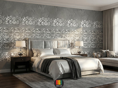 A sophisticated bedroom featuring a grey wall adorned with elegant white Filigree pattern wallpaper. The room includes a round marble table, grey velvet chairs, and a wooden sideboard with a mirror and lamps, perfect for modern Egyptian homes.
غرفة نوم راقية تتميز بورق حائط بنقوش فيليغري بيضاء أنيقة على جدار رمادي. تحتوي الغرفة على طاولة رخامية دائرية وكراسي مخملية رمادية وسايدبورد خشبي مع مرآة ومصابيح، مثالية للمنازل العصرية في مصر.
room: bedroom
