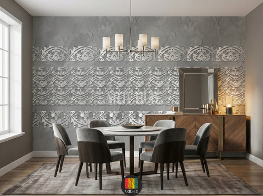 A sophisticated dining room featuring a grey wall adorned with elegant white Filigree pattern wallpaper. The room includes a round marble table, grey velvet chairs, and a wooden sideboard with a mirror and lamps, perfect for modern Egyptian homes.
غرفة طعام راقية تتميز بورق حائط بنقوش فيليغري بيضاء أنيقة على جدار رمادي. تحتوي الغرفة على طاولة رخامية دائرية وكراسي مخملية رمادية وسايدبورد خشبي مع مرآة ومصابيح، مثالية للمنازل العصرية في مصر.
room: dining room