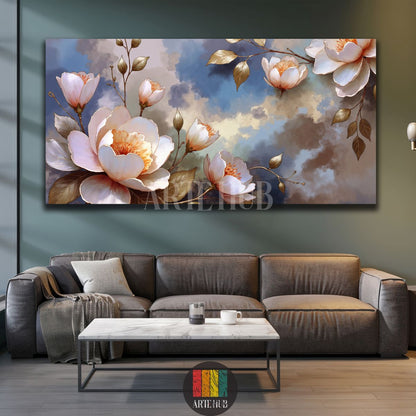 A large horizontal canvas print featuring elegant white and pink blossom flowers with golden leaves against a cloudy blue and beige abstract background, displayed above a wooden console table in a modern Egyptian living room setting.
تابلوه كانفاس أفقي كبير يصور زهور بيضاء ووردية أنيقة مع أوراق ذهبية على خلفية سماء زرقاء وبيج غائمة، معروض فوق طاولة كونسول خشبية في غرفة معيشة عصرية في مصر.