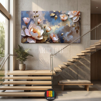 A large horizontal floral canvas painting from Artehub featuring soft pink and white blooms with golden leaves, designed for modern wall art in Egypt.

تابلوه كانفاس لزهور رقيقة بلمسات ذهبية من Artehub، مثالي لديكورات الحوائط العصرية والراقية في مصر.