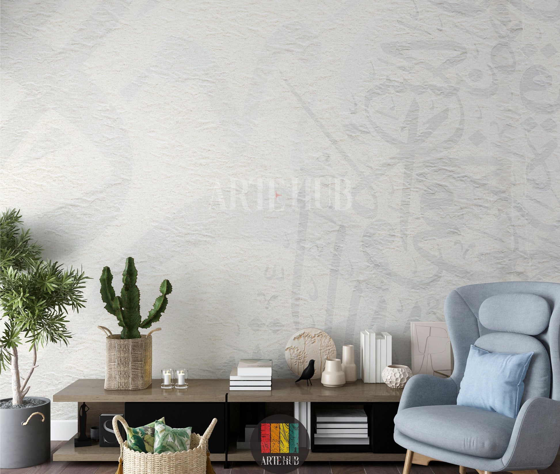 Full view of a modern hallway featuring light, textured wallpaper with subtle Khatt Arabic calligraphy patterns. The room includes a wooden dining table, cream boucle chairs, a light rug, a unique pendant lamp, and a minimalist side cabinet with vases, enhancing contemporary home decor in Egypt.
صورة كاملة لغرفة عصرية تتميز بورق حائط ذو ملمس خفيف ونقوش خط عربي رقيقة. تحتوي الغرفة على طاولة طعام خشبية، كراسي قماش باللون الكريمي، سجادة فاتحة 
room: hallway
