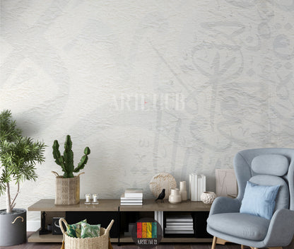 Full view of a modern hallway featuring light, textured wallpaper with subtle Khatt Arabic calligraphy patterns. The room includes a wooden dining table, cream boucle chairs, a light rug, a unique pendant lamp, and a minimalist side cabinet with vases, enhancing contemporary home decor in Egypt.
صورة كاملة لغرفة عصرية تتميز بورق حائط ذو ملمس خفيف ونقوش خط عربي رقيقة. تحتوي الغرفة على طاولة طعام خشبية، كراسي قماش باللون الكريمي، سجادة فاتحة 
room: hallway