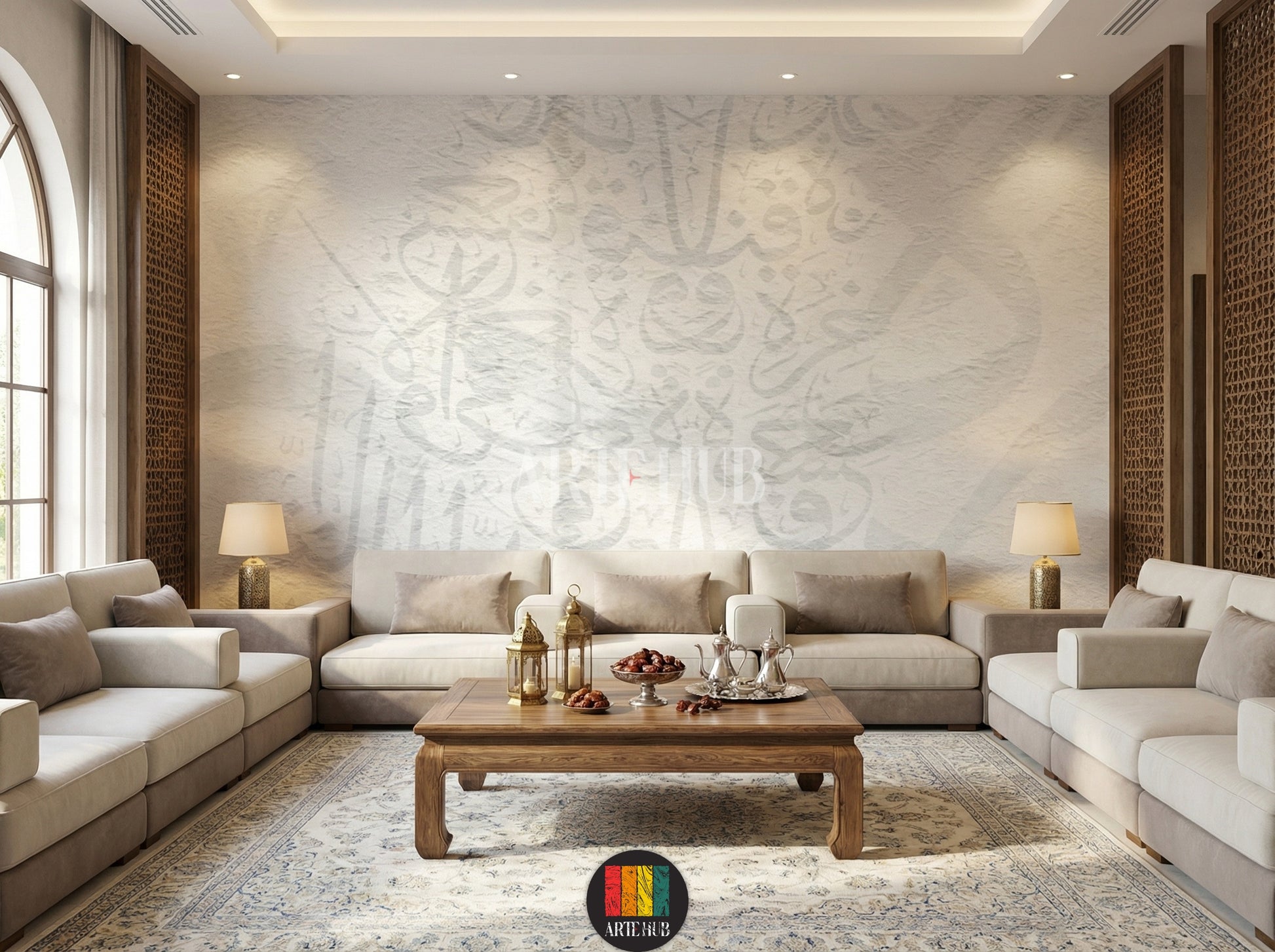 Full view of a modern majles room featuring light, textured wallpaper with subtle Khatt Arabic calligraphy patterns. The room includes a wooden dining table, cream boucle chairs, a light rug, a unique pendant lamp, and a minimalist side cabinet with vases, enhancing contemporary home decor in Egypt.
صورة كاملة لغرفة مجلس عصرية تتميز بورق حائط ذو ملمس خفيف ونقوش خط عربي رقيقة. تحتوي الغرفة على طاولة طعام خشبية، كراسي قماش باللون الكريمي، سجادة فاتحة 
room: majles room