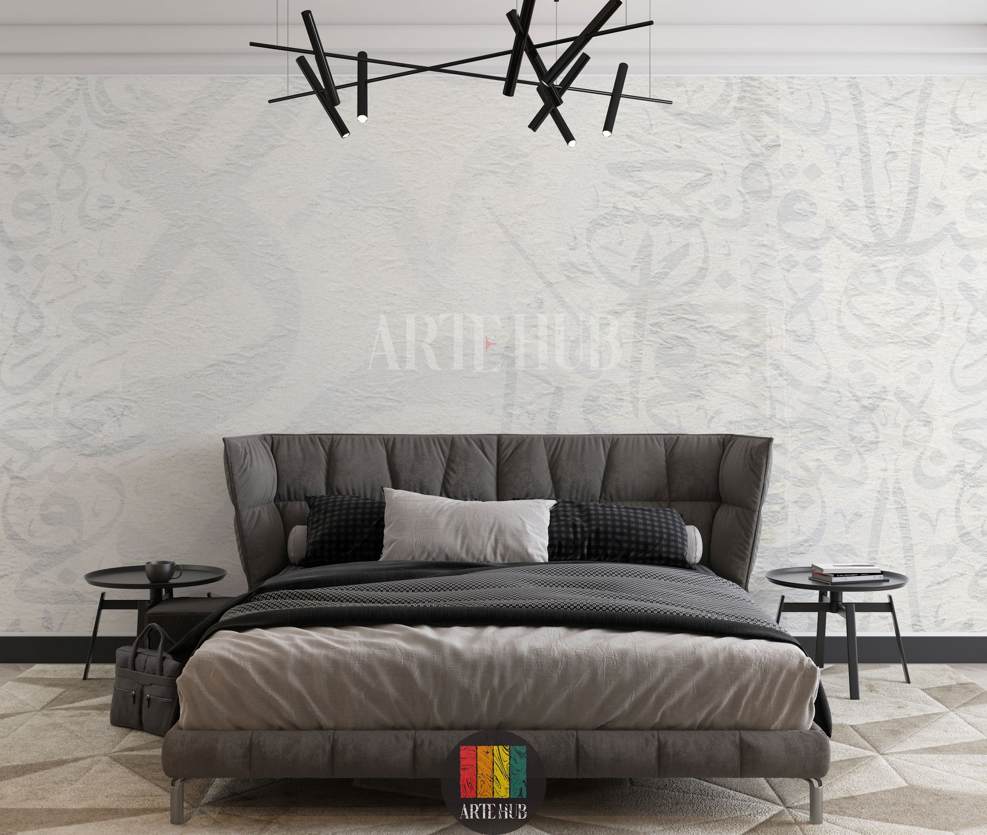 Full view of a modern bedroom featuring light, textured wallpaper with subtle Khatt Arabic calligraphy patterns. The room includes a wooden dining table, cream boucle chairs, a light rug, a unique pendant lamp, and a minimalist side cabinet with vases, enhancing contemporary home decor in Egypt.
صورة كاملة لغرفة نوم عصرية تتميز بورق حائط ذو ملمس خفيف ونقوش خط عربي رقيقة. تحتوي الغرفة على طاولة طعام خشبية، كراسي قماش باللون الكريمي، سجادة فاتحة 
room: bedroom