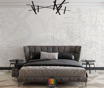 Full view of a modern bedroom featuring light, textured wallpaper with subtle Khatt Arabic calligraphy patterns. The room includes a wooden dining table, cream boucle chairs, a light rug, a unique pendant lamp, and a minimalist side cabinet with vases, enhancing contemporary home decor in Egypt.
صورة كاملة لغرفة نوم عصرية تتميز بورق حائط ذو ملمس خفيف ونقوش خط عربي رقيقة. تحتوي الغرفة على طاولة طعام خشبية، كراسي قماش باللون الكريمي، سجادة فاتحة 
room: bedroom