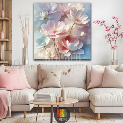 A large square canvas print featuring soft pink and white flowers with a dreamy pastel background of blues and purples. The artwork is displayed above a light-colored sectional sofa with pink cushions in a modern living room setting. Perfect for contemporary Egyptian home decor, adding a touch of natural elegance.
تابلوه كانفس مربع كبير يصور زهوراً ناعمة باللون الوردي والأبيض مع خلفية باستيل حالمة من درجات الأزرق والبنفسجي. اللوحة معلقة فوق أريكة عصرية ذات لون فاتح مع وسائد وردية في غرفة معيشة أنيقة. مثالي 