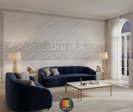 A luxurious living room featuring a long horizontal white and grey patterned canvas wall art above a textured white wall. The room includes a wooden dining table, modern chairs, a chandelier, and a large window, showcasing elegant home decor in Egypt.
غرفة معيشة فاخرة مع تابلوه كانفاس طويل بنقوش رمادية وبيضاء أنيقة على حائط أبيض ذي ملمس بارز. يشمل الديكور طاولة خشبية وكراسي عصرية وإضاءة مميزة، يعكس جمال الديكور المنزلي الفخم في مصر.
room: living room
