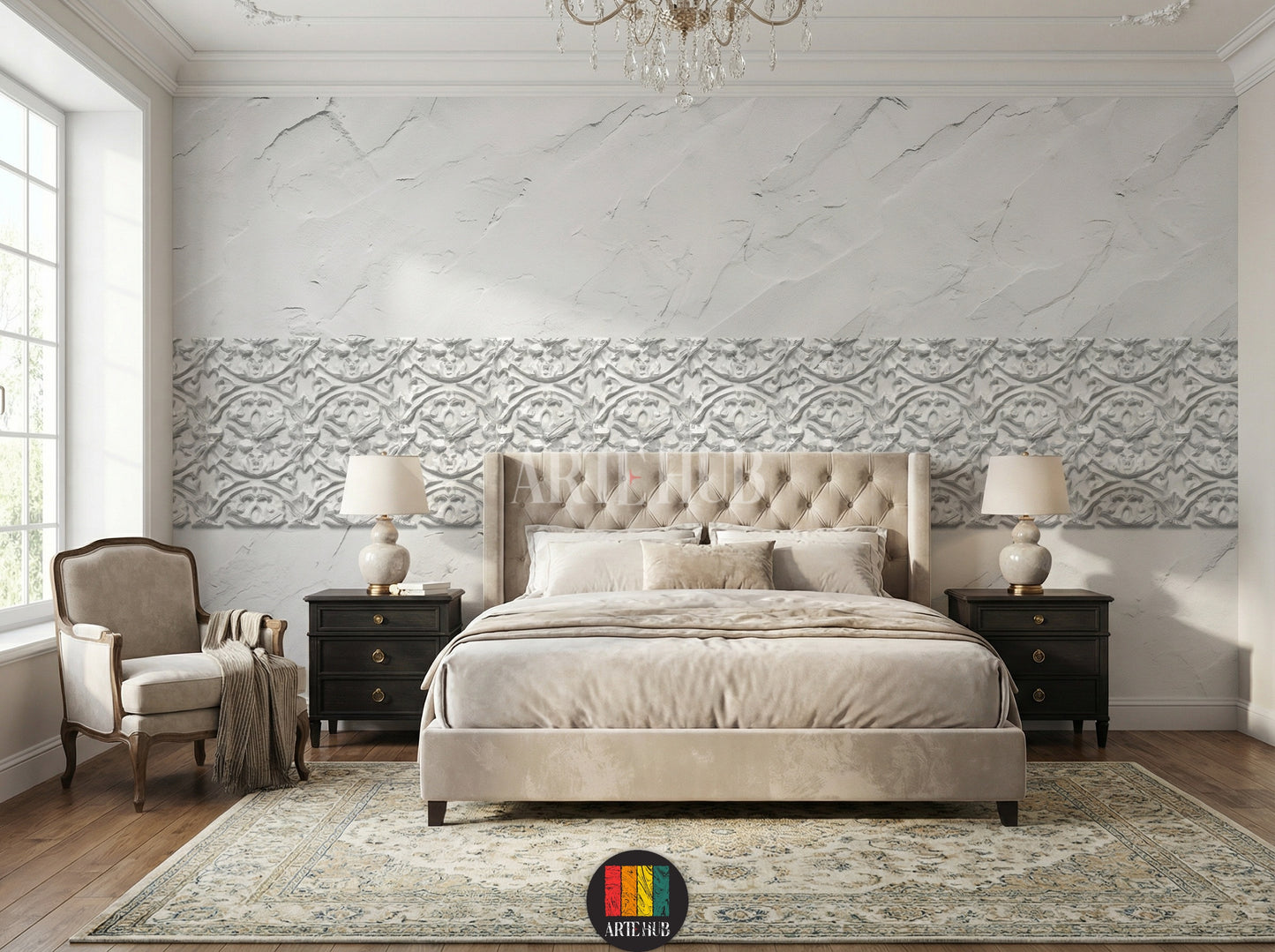 A luxurious bedroom featuring a long horizontal white and grey patterned canvas wall art above a textured white wall. The room includes a wooden dining table, modern chairs, a chandelier, and a large window, showcasing elegant home decor in Egypt.
غرفة نوم فاخرة مع تابلوه كانفاس طويل بنقوش رمادية وبيضاء أنيقة على حائط أبيض ذي ملمس بارز. يشمل الديكور طاولة خشبية وكراسي عصرية وإضاءة مميزة، يعكس جمال الديكور المنزلي الفخم في مصر.
room: bedroom