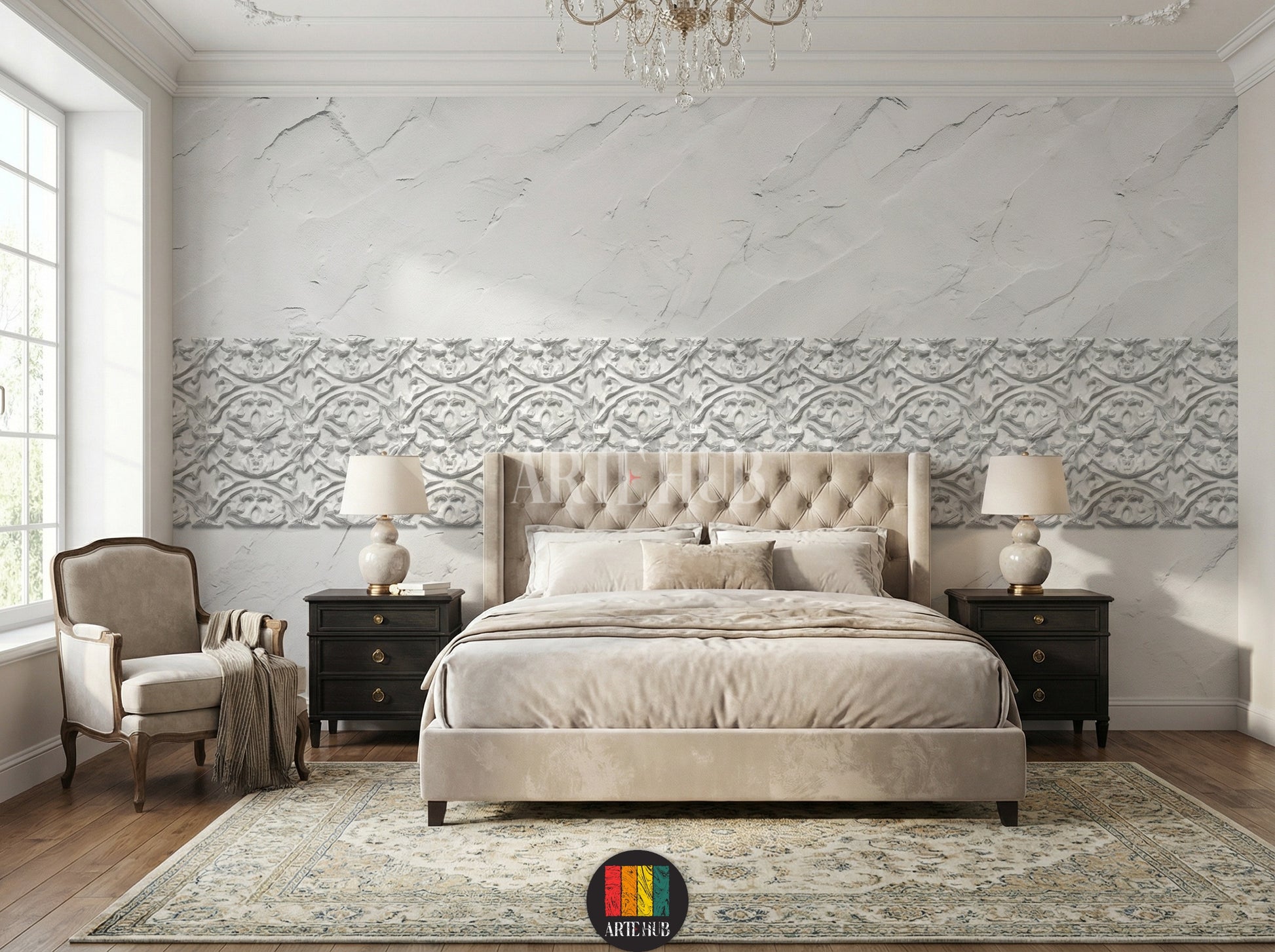 A luxurious bedroom featuring a long horizontal white and grey patterned canvas wall art above a textured white wall. The room includes a wooden dining table, modern chairs, a chandelier, and a large window, showcasing elegant home decor in Egypt.
غرفة نوم فاخرة مع تابلوه كانفاس طويل بنقوش رمادية وبيضاء أنيقة على حائط أبيض ذي ملمس بارز. يشمل الديكور طاولة خشبية وكراسي عصرية وإضاءة مميزة، يعكس جمال الديكور المنزلي الفخم في مصر.
room: bedroom