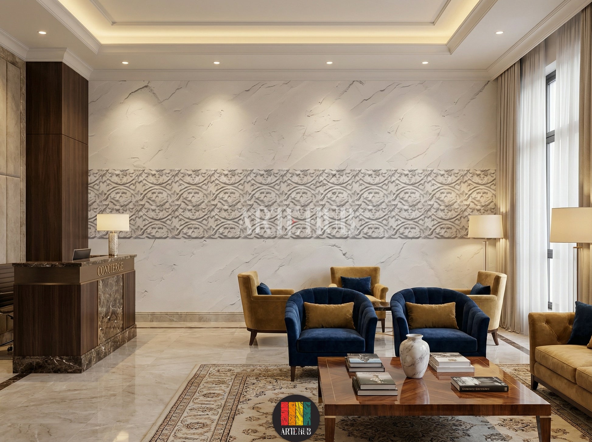A luxurious lobby featuring a long horizontal white and grey patterned canvas wall art above a textured white wall. The room includes a wooden dining table, modern chairs, a chandelier, and a large window, showcasing elegant home decor in Egypt.
ريسيبشن فندق فاخرة مع تابلوه كانفاس طويل بنقوش رمادية وبيضاء أنيقة على حائط أبيض ذي ملمس بارز. يشمل الديكور طاولة خشبية وكراسي عصرية وإضاءة مميزة، يعكس جمال الديكور المنزلي الفخم في مصر.
room: lobby