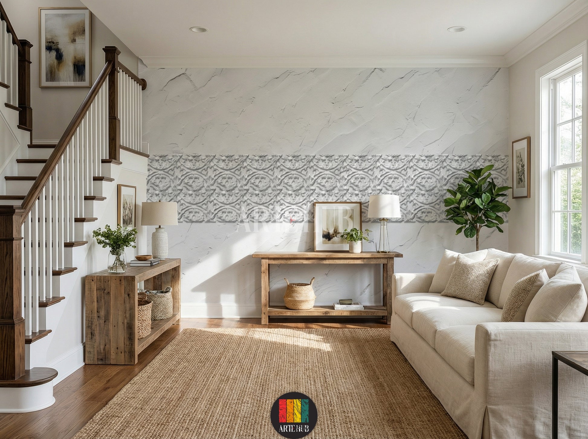 A luxurious hallway featuring a long horizontal white and grey patterned canvas wall art above a textured white wall. The room includes a wooden dining table, modern chairs, a chandelier, and a large window, showcasing elegant home decor in Egypt.
غرفة فاخرة مع تابلوه كانفاس طويل بنقوش رمادية وبيضاء أنيقة على حائط أبيض ذي ملمس بارز. يشمل الديكور طاولة خشبية وكراسي عصرية وإضاءة مميزة، يعكس جمال الديكور المنزلي الفخم في مصر.
room: hallway