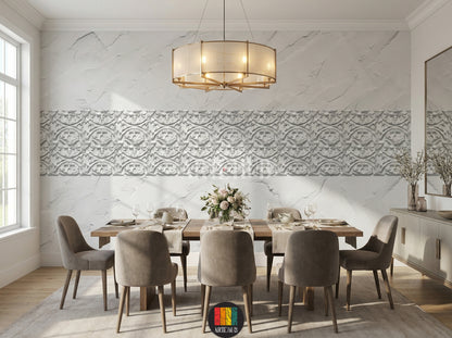 A luxurious dining room featuring a long horizontal white and grey patterned canvas wall art above a textured white wall. The room includes a wooden dining table, modern chairs, a chandelier, and a large window, showcasing elegant home decor in Egypt.
غرفة طعام فاخرة مع تابلوه كانفاس طويل بنقوش رمادية وبيضاء أنيقة على حائط أبيض ذي ملمس بارز. يشمل الديكور طاولة خشبية وكراسي عصرية وإضاءة مميزة، يعكس جمال الديكور المنزلي الفخم في مصر.
room: dining room