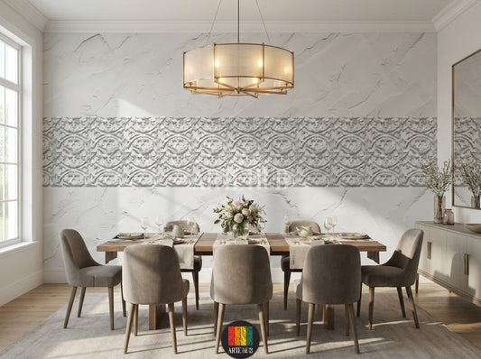 A luxurious dining room featuring a long horizontal white and grey patterned canvas wall art above a textured white wall. The room includes a wooden dining table, modern chairs, a chandelier, and a large window, showcasing elegant home decor in Egypt.
غرفة طعام فاخرة مع تابلوه كانفاس طويل بنقوش رمادية وبيضاء أنيقة على حائط أبيض ذي ملمس بارز. يشمل الديكور طاولة خشبية وكراسي عصرية وإضاءة مميزة، يعكس جمال الديكور المنزلي الفخم في مصر.
room: dining room