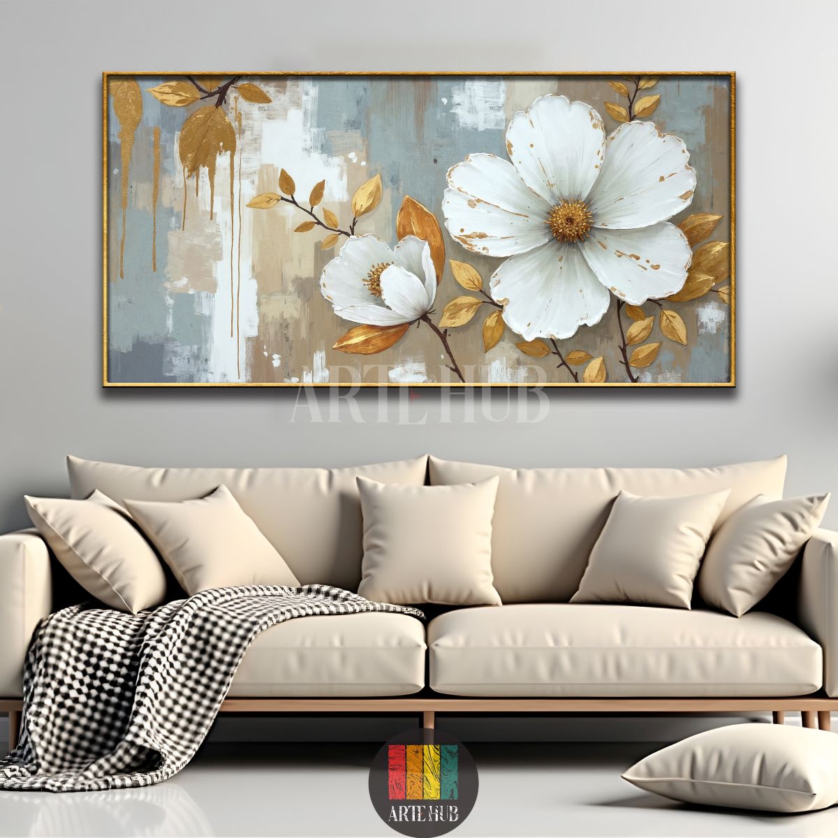 Large horizontal canvas wall art featuring two large white flowers with gold accents and abstract gray-beige background, displayed in a modern dining room in Egypt. Perfect for contemporary Egyptian home decor.
تابلوه حائط كانفاس أفقي كبير يصور زهورًا بيضاء كبيرة مع لمسات ذهبية وخلفية تجريدية رمادية وبيج، معروض في غرفة طعام عصرية في مصر. مثالي لديكور المنازل المصرية الحديثة.