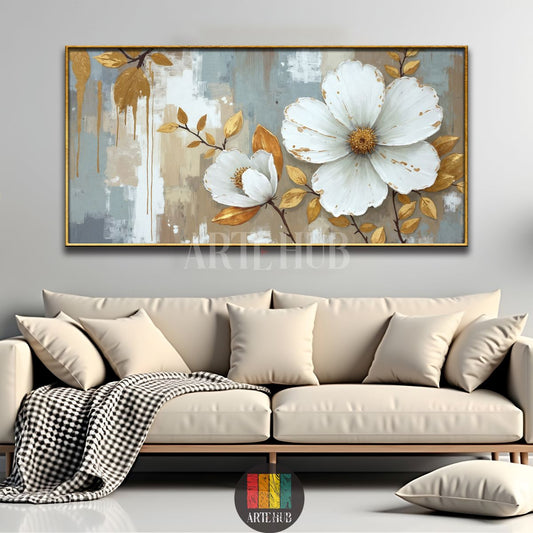 Large horizontal canvas wall art featuring two large white flowers with gold accents and abstract gray-beige background, displayed in a modern dining room in Egypt. Perfect for contemporary Egyptian home decor.
تابلوه حائط كانفاس أفقي كبير يصور زهورًا بيضاء كبيرة مع لمسات ذهبية وخلفية تجريدية رمادية وبيج، معروض في غرفة طعام عصرية في مصر. مثالي لديكور المنازل المصرية الحديثة.