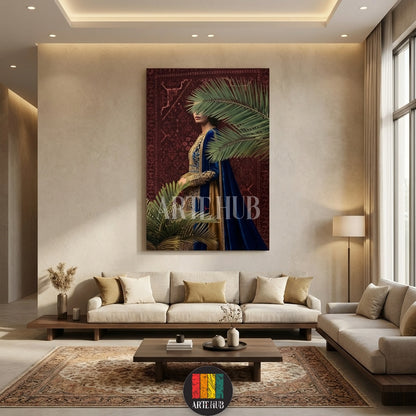 A captivating canvas print of an elegant woman in a royal blue and gold dress, partially obscured by green palm leaves, set against a rich red patterned background. Perfect for luxurious home decor in Egypt, adding an exotic and mysterious Egyptian touch.
تابلوه كانفاس آسر لسيدة أنيقة ترتدي فستان أزرق ملكي وذهبي، يغطي جزءًا منها أوراق النخيل الخضراء، بخلفية حمراء ذات نقوش غنية. مثالي للديكور المنزلي الفاخر في مصر، ويضيف لمسة مصرية غامضة وجذابة.