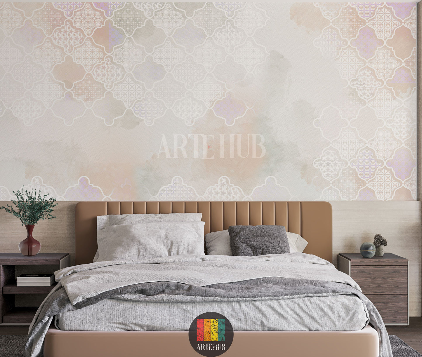 Elegant bedroom featuring Alhambra Moroccan pattern wallpaper with a soft watercolor blend of pastel hues. A golden pendant light hangs above a wooden table with rattan chairs. Ideal for modern Egyptian home decor.
غرفة نوم أنيقة تتميز بورق حائط Alhambra بنمط مغربي وألوان مائية هادئة. ثريا ذهبية معلقة فوق طاولة خشبية وكراسي من الخيزران. مثالي لديكور المنازل العصرية في مصر.
room: bedroom