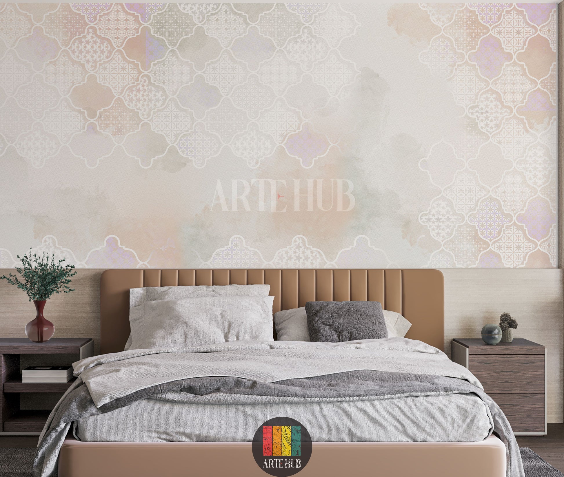 Elegant bedroom featuring Alhambra Moroccan pattern wallpaper with a soft watercolor blend of pastel hues. A golden pendant light hangs above a wooden table with rattan chairs. Ideal for modern Egyptian home decor.
غرفة نوم أنيقة تتميز بورق حائط Alhambra بنمط مغربي وألوان مائية هادئة. ثريا ذهبية معلقة فوق طاولة خشبية وكراسي من الخيزران. مثالي لديكور المنازل العصرية في مصر.
room: bedroom