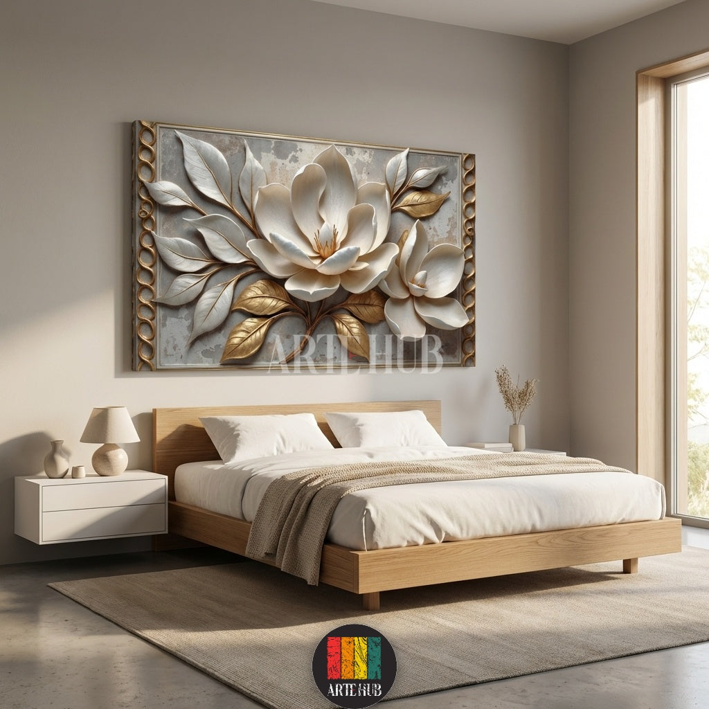  Large horizontal canvas art featuring 3D white magnolia flowers with gold leaves, displayed in a contemporary living room setting in Egypt by Artehub.

 لوحة كانفاس عريضة بزهور الماجنوليا ثلاثية الأبعاد وأوراق ذهبية بارزة، مثالية لديكور غرف المعيشة العصرية في مصر من إنتاج آرت هاب.