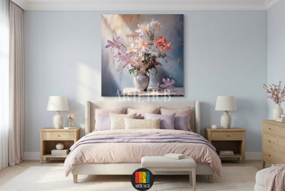 Large Ethereal floral canvas wall art featuring a vase with light pink and white flowers, hanging above a bed with soft pink and lavender bedding in a modern bedroom in Egypt. The art piece adds a tranquil, elegant touch to the home decor.
تابلوه كانفس كبير لزهور إثيرية باللون الوردي والأبيض في مزهرية، معلقة فوق سرير بألوان وردية ولافندر في غرفة نوم عصرية في مصر. قطعة فنية تضيف لمسة هادئة وأنيقة لديكور المنزل في مصر.